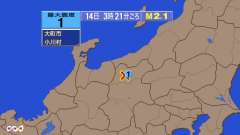 3時21分ごろ、Ｍ２．１　長野県北部 北緯36.6度　東経138