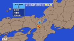 19時13分ごろ、Ｍ２．９　大阪府北部 北緯34.8度　東経13