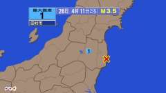 4時11分ごろ、Ｍ３．５　福島県浜通り 北緯37.2度　東経14