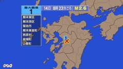 8時23分ごろ、Ｍ２．６　熊本県熊本地方 北緯32.7度　東経1