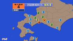 22時43分ごろ、Ｍ４．５　北海道胆振地方中東部 北緯42.8度