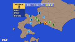 1時34分ごろ、Ｍ４．２　北海道胆振途方中東部 北緯42.6度　