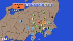 17時11分ごろ、Ｍ４．３　茨城県南部 北緯36.1度　東経13