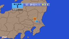 0時2分ごろ、Ｍ３．１　茨城県南部　 北緯36.3度　東経140