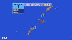 0時52分ごろ、Ｍ３．６　沖縄本島近海 北緯27.2度　東経12