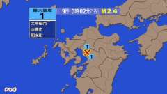 3時2分ごろ、Ｍ２．４　熊本県熊本地方 北緯33.0度　東経13
