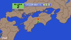 22時49分ごろ、Ｍ２．５　高知県中部 北緯33.8度　東経13