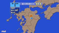 17時49分ごろ、Ｍ２．６　熊本県阿蘇地方 北緯33.1度　東経