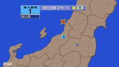 23時27分ごろ、Ｍ３．２　新潟県下越沖 北緯38.6度　東経1
