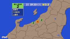 0時20分ごろ、Ｍ３．２　新潟県中越地方 北緯37.2度　東経1
