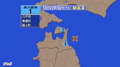 22時2分ごろ、Ｍ３．３　青森県東方沖 北緯40.9度　東経14