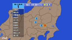 1時38分ごろ、Ｍ３．１　埼玉県北部 北緯36.1度　東経139