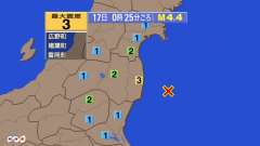 0時25分ごろ、Ｍ４．４　福島県沖 北緯37.1度　東経141.
