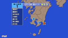 13時36分ごろ、Ｍ３．３　大隅半島東方沖 北緯31.3度　東経