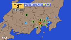 0時13分ごろ、Ｍ４．３　神奈川県西部 北緯35.5度　東経13