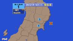 21時14分ごろ、Ｍ３．５　宮城県沖 北緯３８．８度　東経１４２