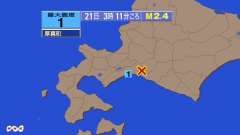 3時11分ごろ、Ｍ２．４　北海道担振地方中東部 北緯42.7度　
