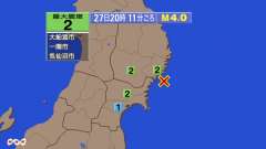 20時11分ごろ、Ｍ４．０　宮城県沖 北緯38.9度　東経141