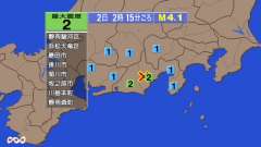 2時15分ごろ、Ｍ４．１　静岡県中部 北緯35.0度　東経138
