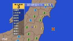 14時2分ごろ、Ｍ５．１　福島県沖 北緯37.3度　東経141.
