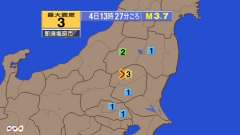 13時27分ごろ、Ｍ３．７　栃木県北部 北緯36.9度　東経13