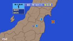 7時14分ごろ、Ｍ３．８　福島県沖 北緯37.8度　東経141.