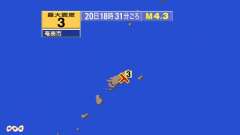 18時31分ごろ、Ｍ４．３　奄美大島近海 北緯28.3度　東経1