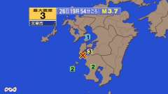 19時54分ごろ、Ｍ３．７　鹿児島県薩摩地方 北緯32.1度　東