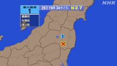 19時34分ごろ、Ｍ２．７　福島県中通り 北緯37.1度　東経1