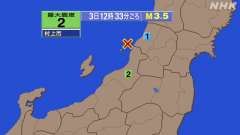 12時33分ごろ、Ｍ３．５　新潟県下越沖 北緯38.6度　東経1