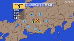 13時55分ごろ、Ｍ３．１　長野県南部 北緯35.7度　東経13