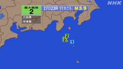 23時11分ごろ、Ｍ３．９　新島・神津島近海 北緯34.2度　東