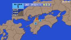 2時2分ごろ、Ｍ３．３　愛媛県東予 北緯34.0度　東経133.