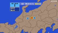 7時21分ごろ、Ｍ３．２　長野県中部 北緯36.2度　東経137