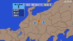 0時24分ごろ、Ｍ３．１　岐阜県飛騨地方 北緯36.3度　東経1
