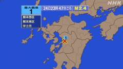 23時47分ごろ、Ｍ２．４　熊本県熊本地方 北緯32.7度　東経