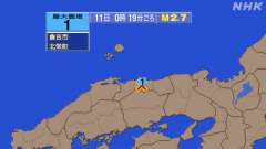 0時19分ごろ、Ｍ２．７　鳥取県中部 北緯35.4度　東経133