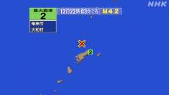 22時3分ごろ、Ｍ４．２　奄美大島近海 北緯28.7度　東経12