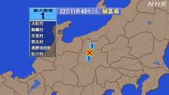 11時49分ごろ、Ｍ２．６　長野県中部 北緯36.4度　東経13
