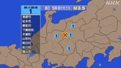 5時1分ごろ、Ｍ３．５　長野県中部 北緯36.2度　東経137.
