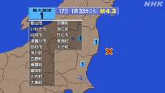1時33分ごろ、Ｍ４．３　福島県沖 北緯37.0度　東経141.