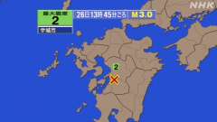 13時45分ごろ、Ｍ３．０　熊本県熊本地方 北緯32.5度　東経