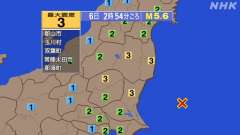 2時54分ごろ、Ｍ５．６　茨城県沖 北緯36.3度　東経141.