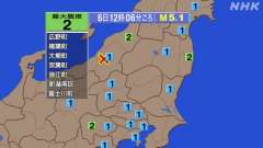 12時6分ごろ、Ｍ５．１　新潟県中越地方 北緯37.3度　東経1