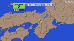 14時46分ごろ、Ｍ２．９　大阪府北部 北緯34.9度　東経13