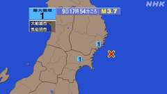 17時54分ごろ、Ｍ３．７　宮城県沖 北緯38.8度　東経142