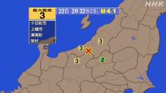 2時32分ごろ、Ｍ４．１　長野県北部 北緯37.0度　東経138