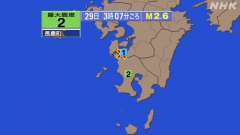 3時7分ごろ、Ｍ２．６　鹿児島県薩摩地方 北緯32.2度　東経1