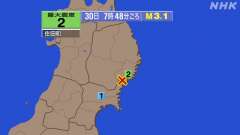 7時48分ごろ、Ｍ３，１　岩手県沿岸南部 北緯39.0度　東経1