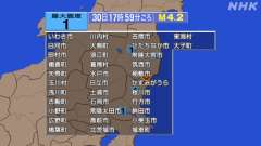 17時59分ごおｒ、Ｍ４．２　茨城県北部 北緯36.8度　東経1